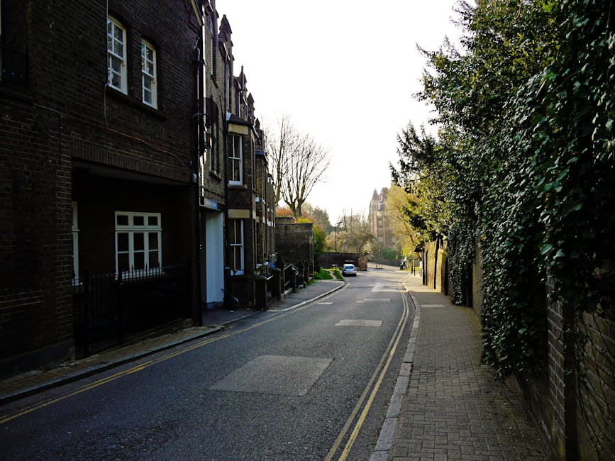 A narrow street in Clapham with residential brick buildings on the left and a sidewalk on the right, lined with tall, dense green hedges and a few leafless trees, under a bright sky. Several cardboard boxes and wrapped furniture are seen being loaded into a van parked on the street, with visible movement indicating a home relocation process. On the pavement, a trolley and packing materials can be observed, along with the presence of a large moving blanket covering parts of furniture. The scene reflects the logistics of furniture transport and packing and moving activities undertaken by Removal Companies Clapham during a house removal on a tight street with limited space for vehicle maneuvering.
